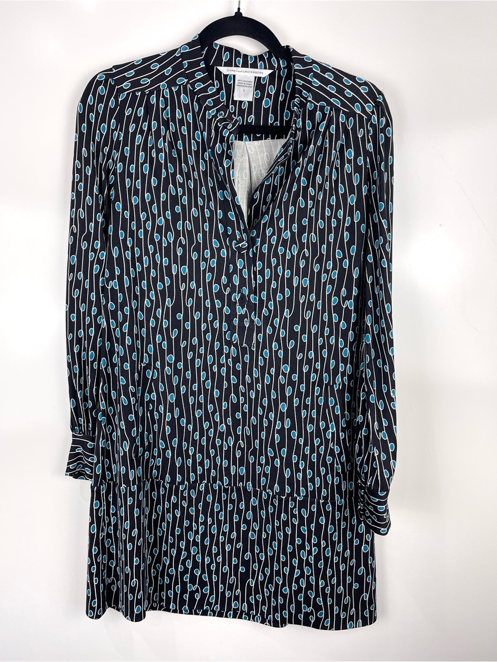 Diane von Furstenberg Black Silk Shirt Dress Women’s 6 Long Sleeve Blue Print